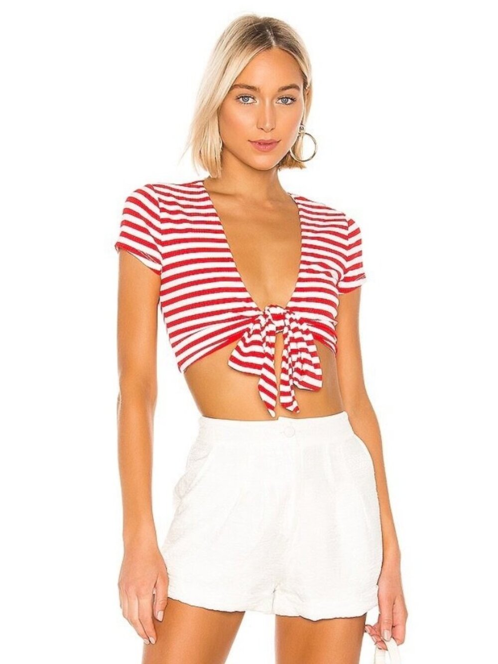 Lovers + Friends Moyo Tie Front Crop Top Red White Stripes XS